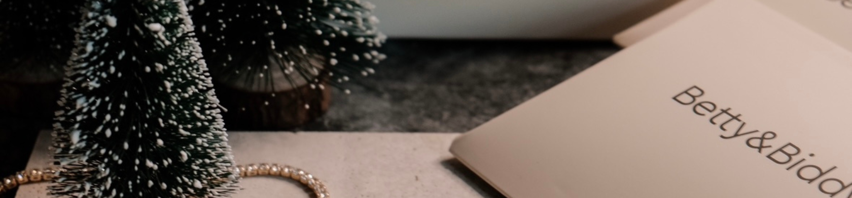 Close-up of a snow-covered miniature Christmas tree next to a