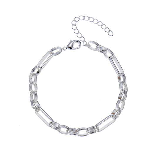 Silver bracelets with rectangular and oval links.