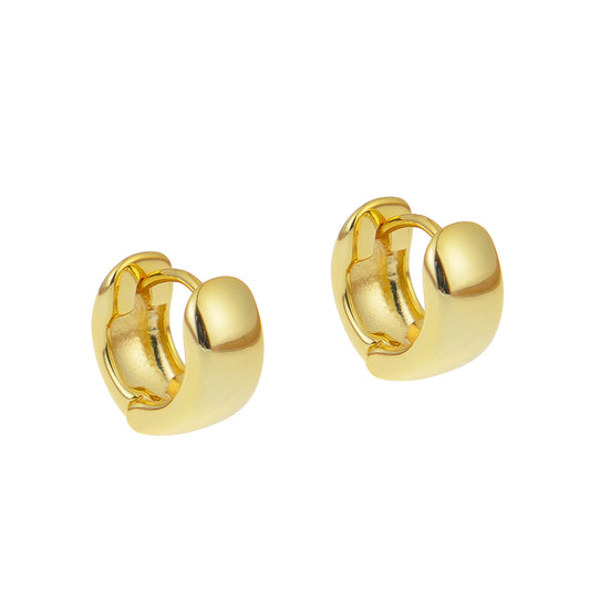 Two gold hoop earrings earrings are displayed against a white background.
