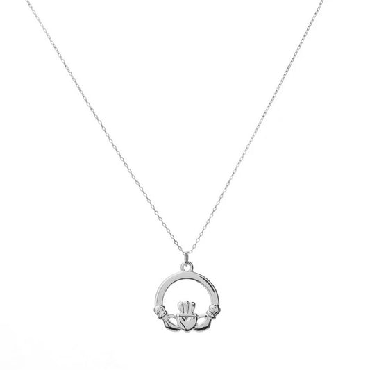 Silver Claddagh Necklace on a white background.