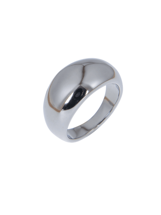 A shiny silver rings sits on a white background.