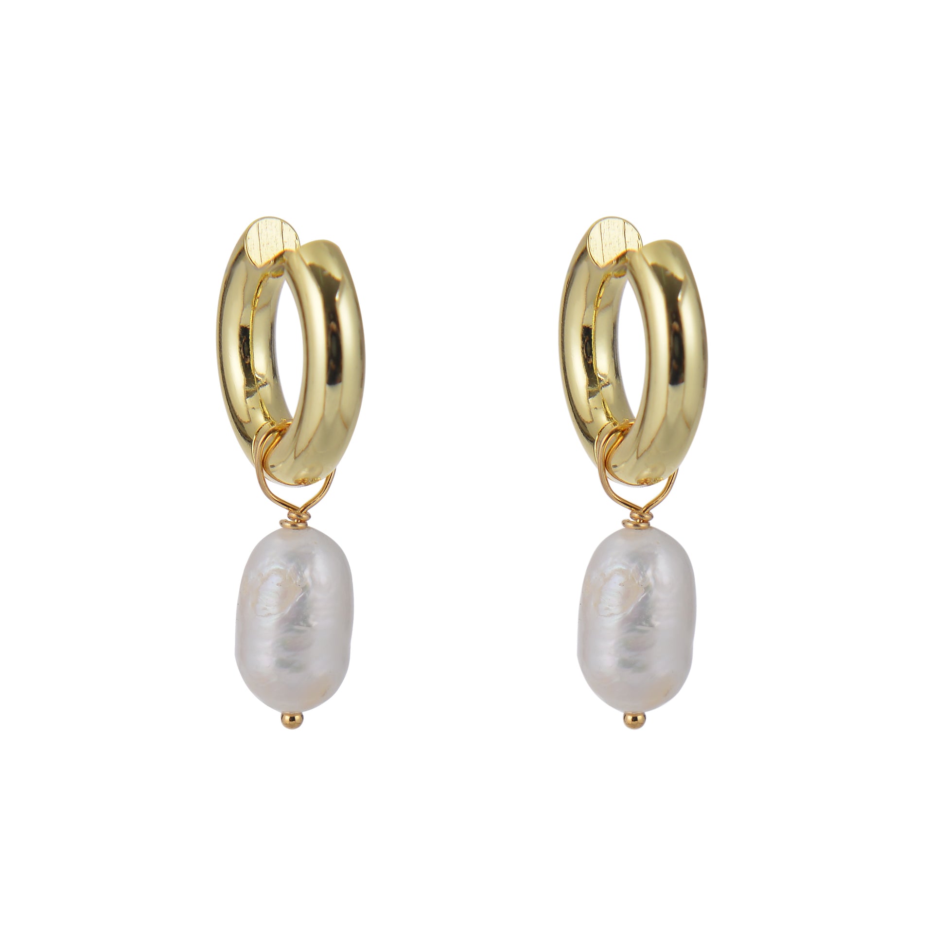 Pair of gold hoop earrings with pearl drops on a white background. earrings