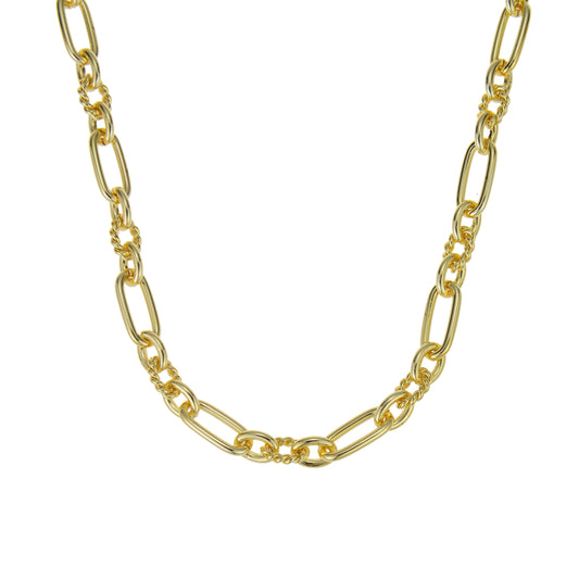 A gold chain necklaces against a white background.