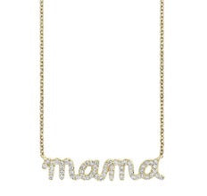 Gold delicate necklace with the word "mama" in sparkling cursive letters.