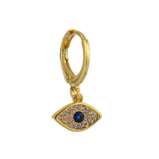 A gold-colored hoop earring with an eye-shaped charm.