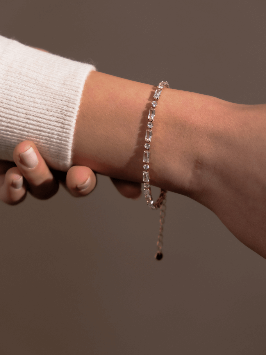 Close-up of a wrist wearing a Clear Crystal Bracelet.