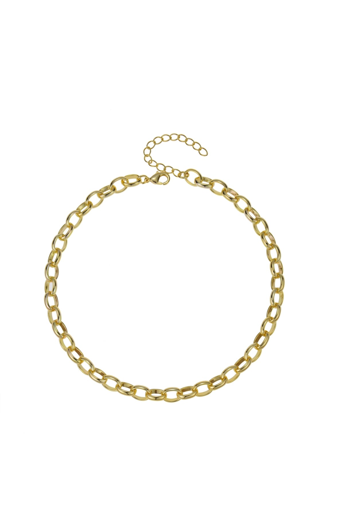 A gold-colored delicate necklace is displayed on a white background.