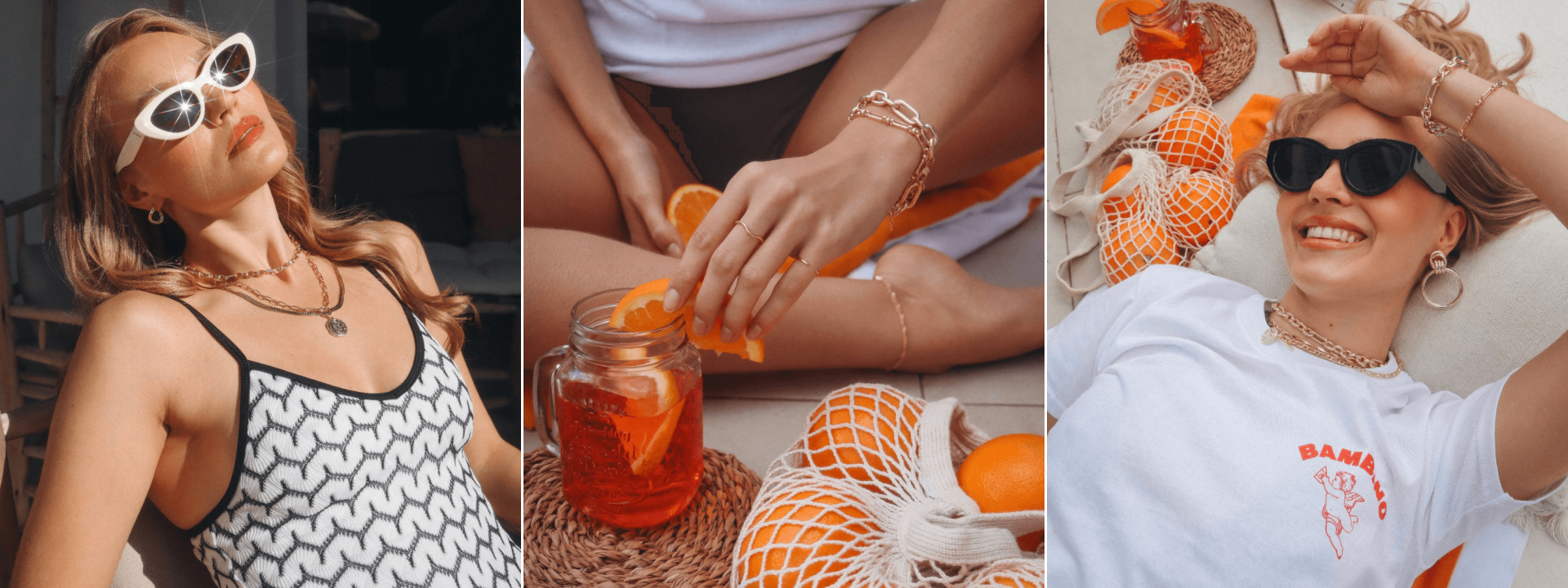 Collage of three images: a woman in sunglasses, a drink with oranges, and oranges in a string bag.