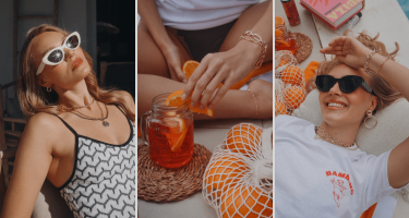 Collage of a woman enjoying a summer day with oranges, drinks, and sunglasses.
