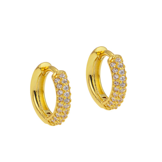 A pair of gold huggie earrings with inset stones, presented on a white background.