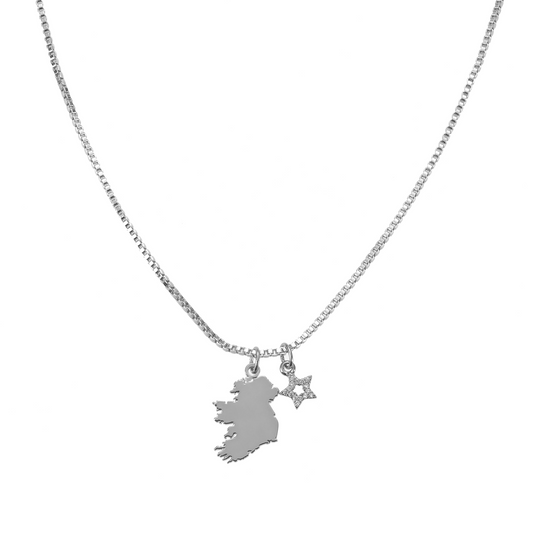 Star Éire Map Necklace in SILVER: Silver chain necklace with pendants of the island of Ireland and a star.