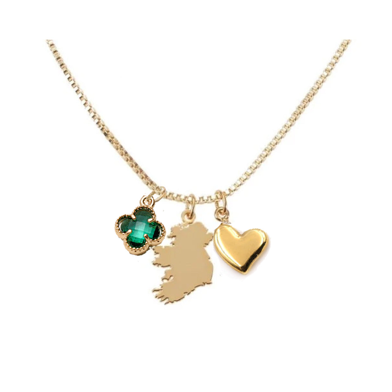 Gold Eire Charm Necklace with a four-leaf clover, the outline of Ireland, and a heart.