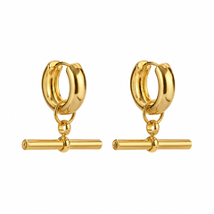 T Bar Drop Hoops in gold featuring polished huggie hoops and hanging T-bar details