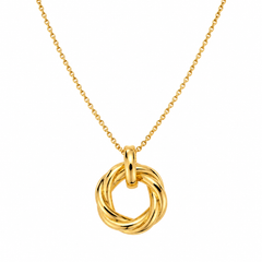 A gold necklace featuring a twisted knot pendant on a delicate gold chain, set against a solid white background.