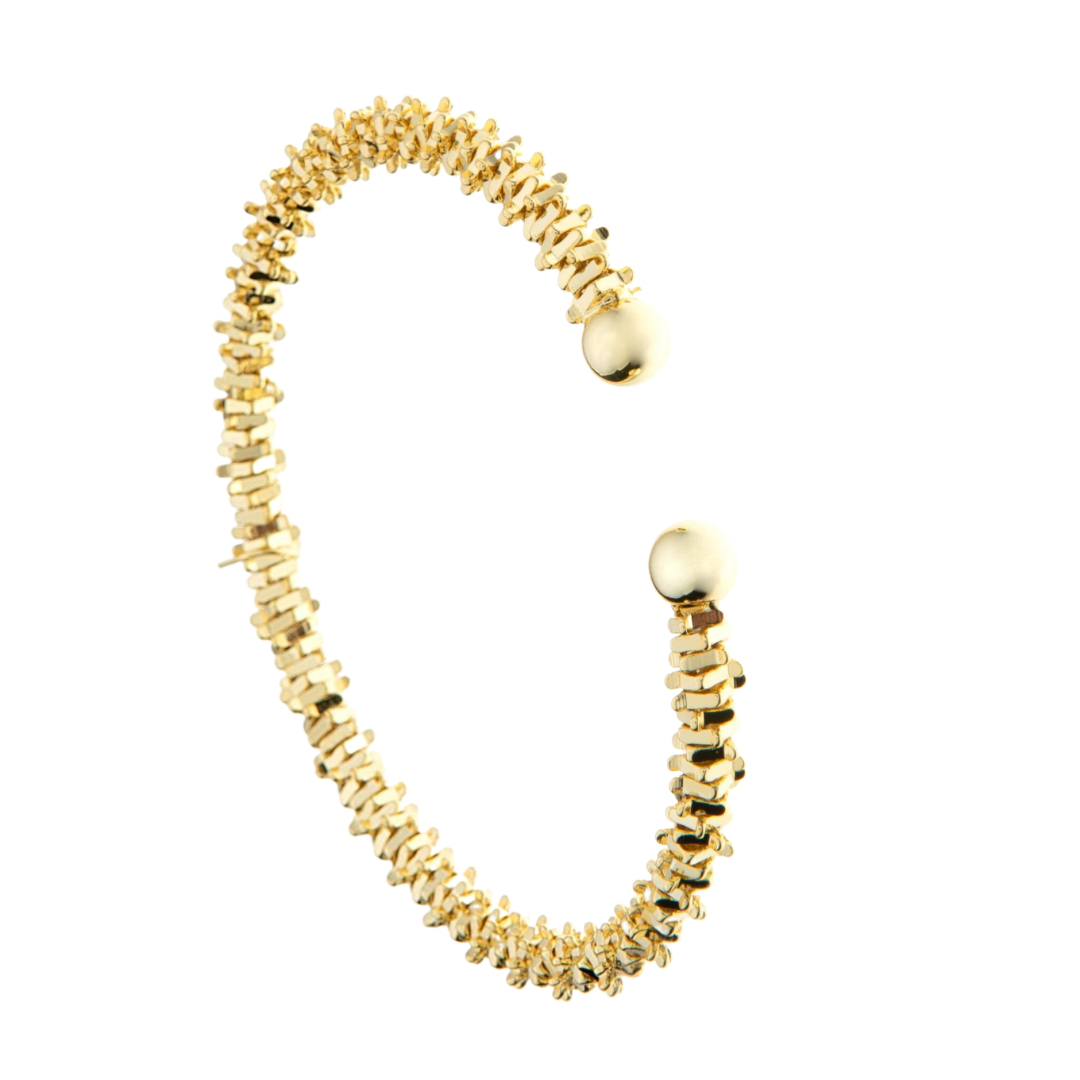 Gold-colored open-ended bracelets with ball details on the ends.