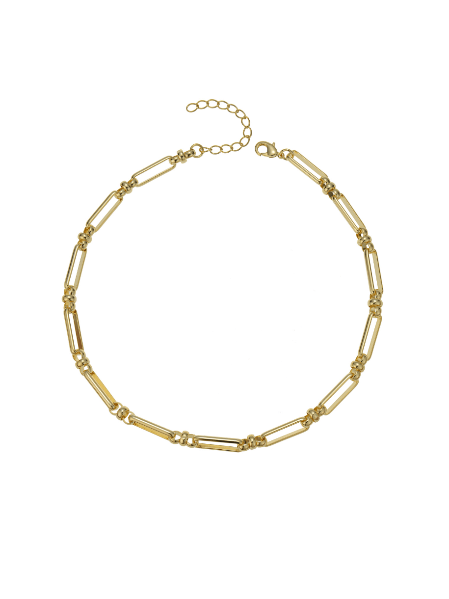 Gold-colored necklaces chain with lobster clasp on white background.