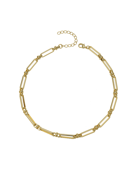 Gold-colored necklaces chain with lobster clasp on white background.