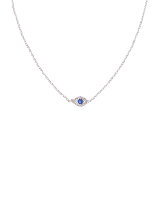 A silver delicate necklace with an eye-shaped pendant with a blue center stone.