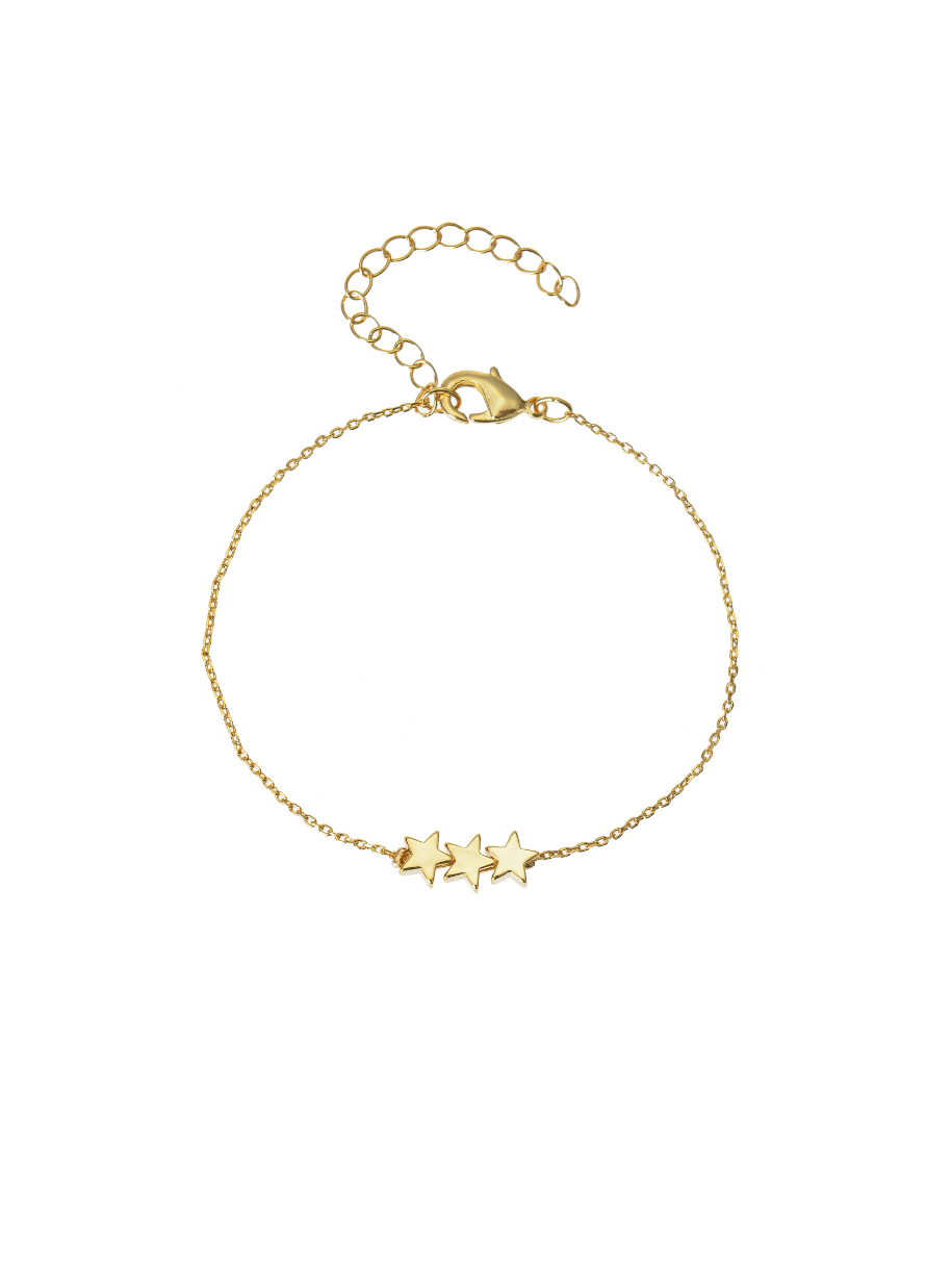 Gold bracelets chain bracelet with three small stars and lobster clasp.