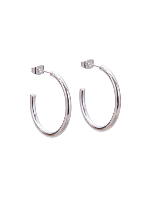 Two silver hoop earrings earrings with stud closures.