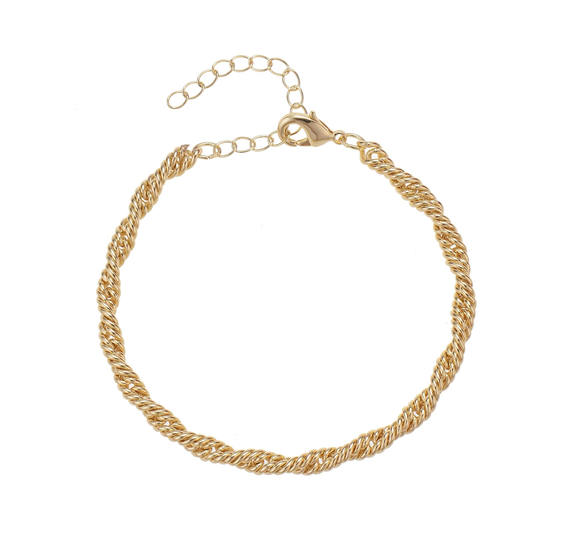Gold-colored twisted chain bracelet with clasp and extender.