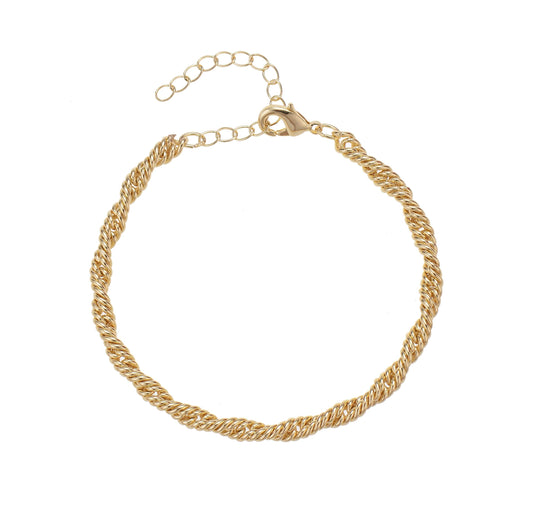 Gold-colored twisted chain bracelet with clasp and extender.