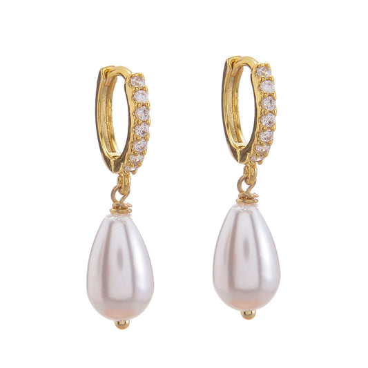 Bridal Pearl drop gold diamante huggie hoop