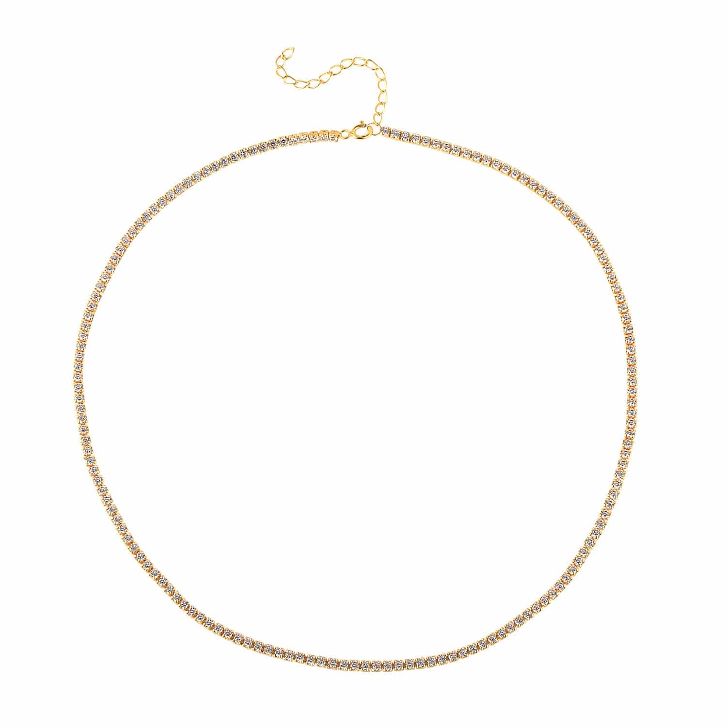 A gold-colored delicate necklace with small, clear stones against a white background.