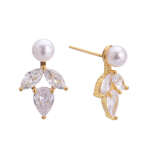 Pair of gold stud earrings with pearls and teardrop-shaped stones.