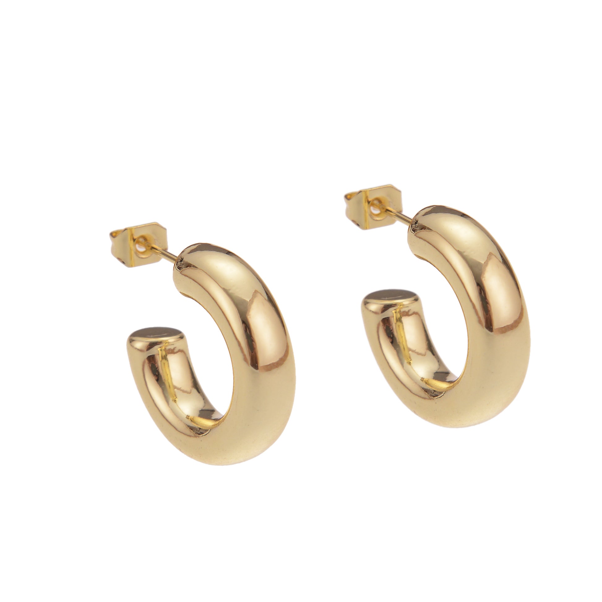 Gold hoop earrings on a white background.