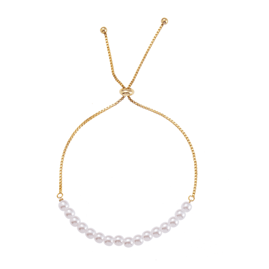 Gold bracelets chain with white pearls.