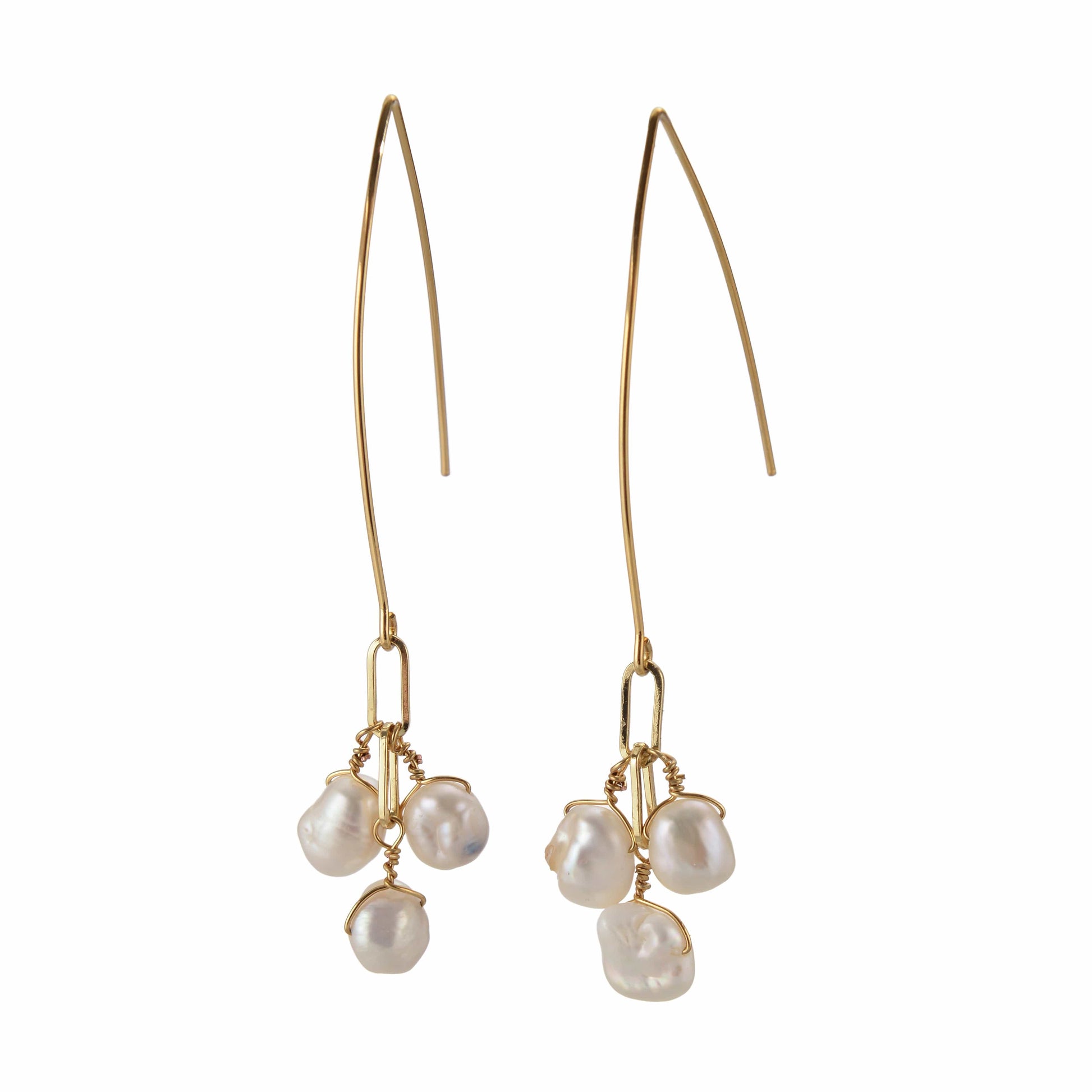 Gold earrings with pearl clusters hang against a white background.