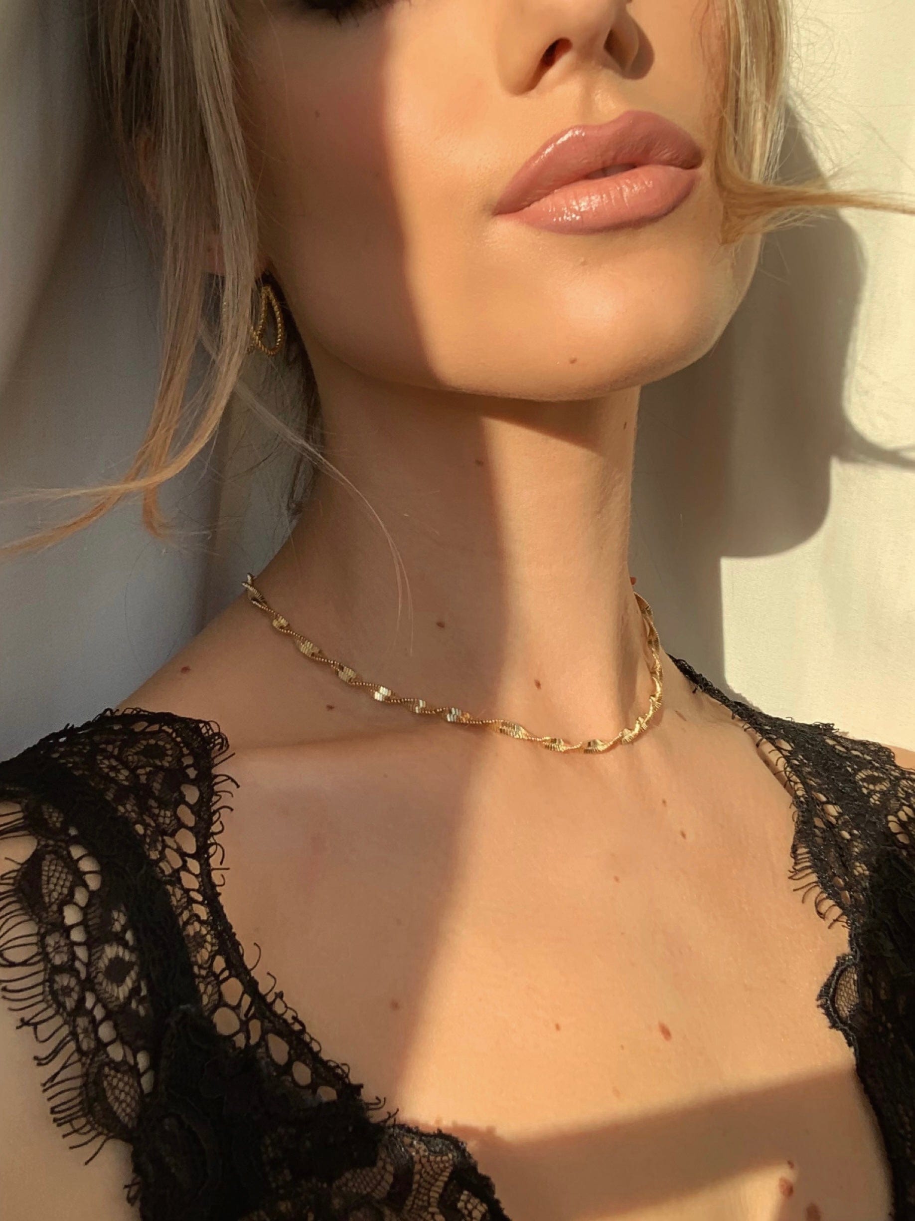 Twisted textured layering gold necklace