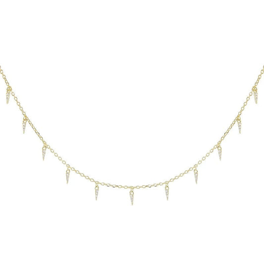A delicate necklace gold necklace with pendant dangles hangs against a white background.