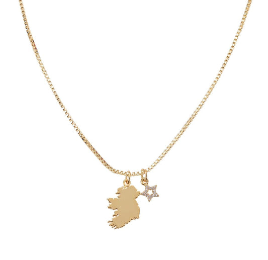 A gold chain necklace with an Ireland-shaped pendant and a Star Éire Map Necklace star-shaped pendant with sparkly accents.