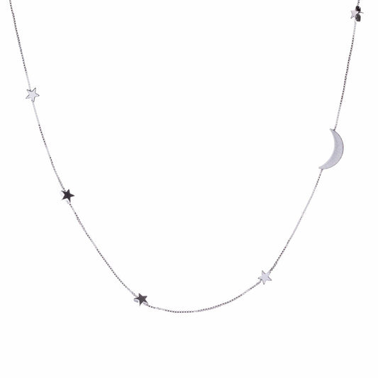 Silver box necklace with delicate star and moon