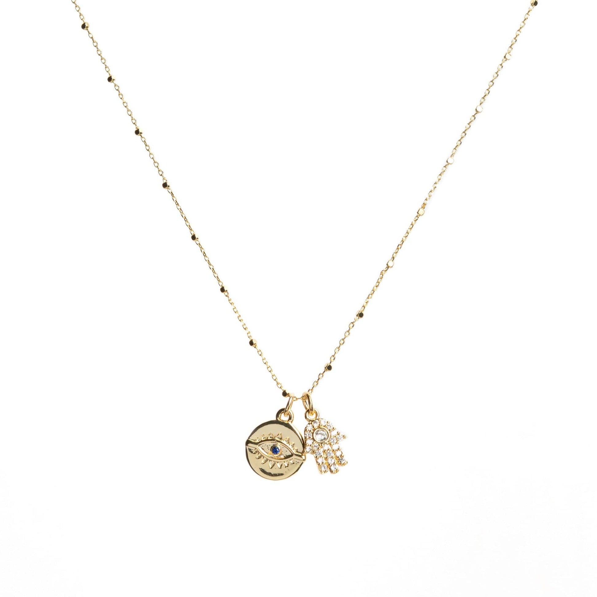 Blue evil eye with protection crystal Hamsa hand charm necklace