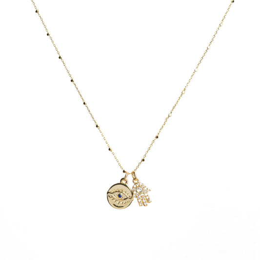 Blue evil eye with protection crystal Hamsa hand charm necklace
