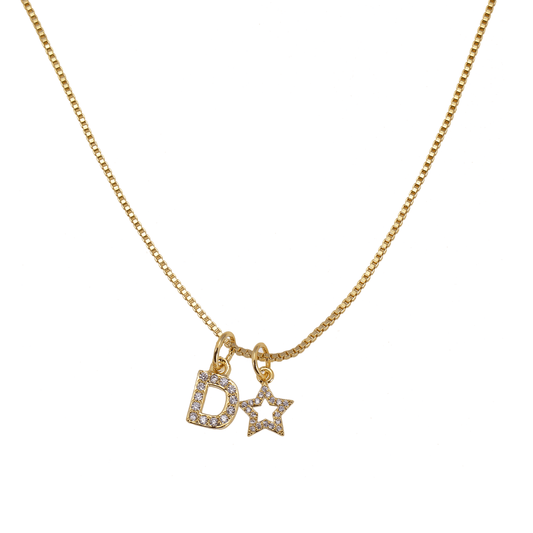 Gold necklaces chain with a "D" and star charm.