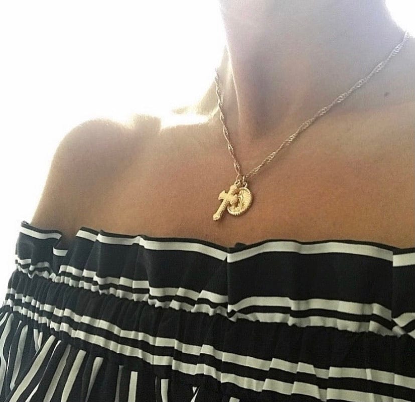 Cross and Coin pendant gold necklace