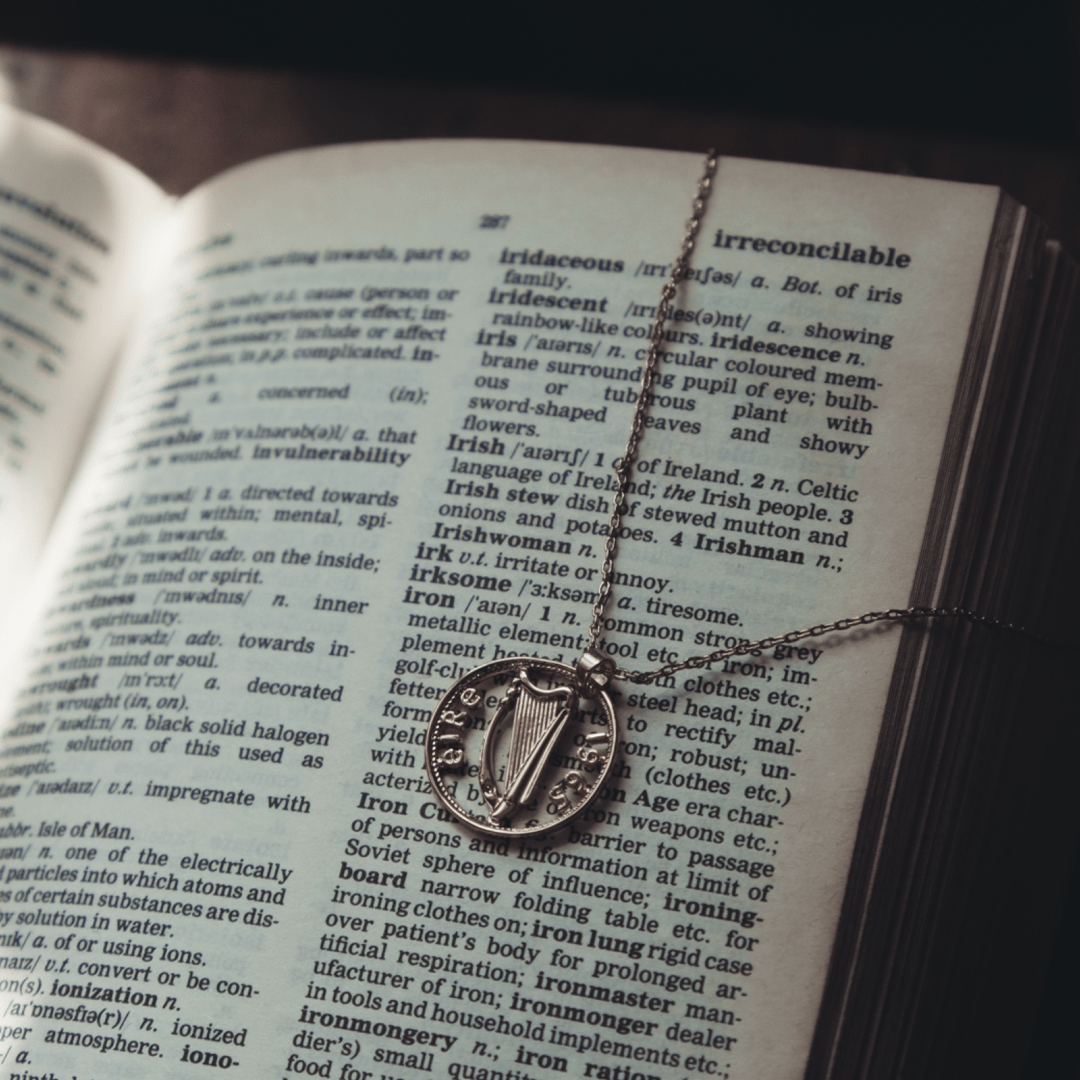 An open dictionary with an Irish harp coin pendant resting on the page, near the definition of "Irish".