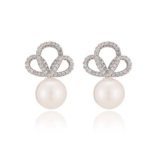 Two pearl earrings with crystal-covered tops on a white background.