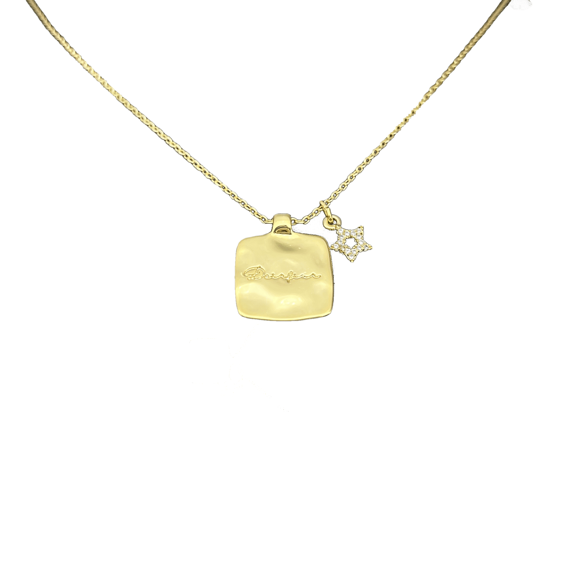 Gold necklace chain with a square pendant and a starburst charm.