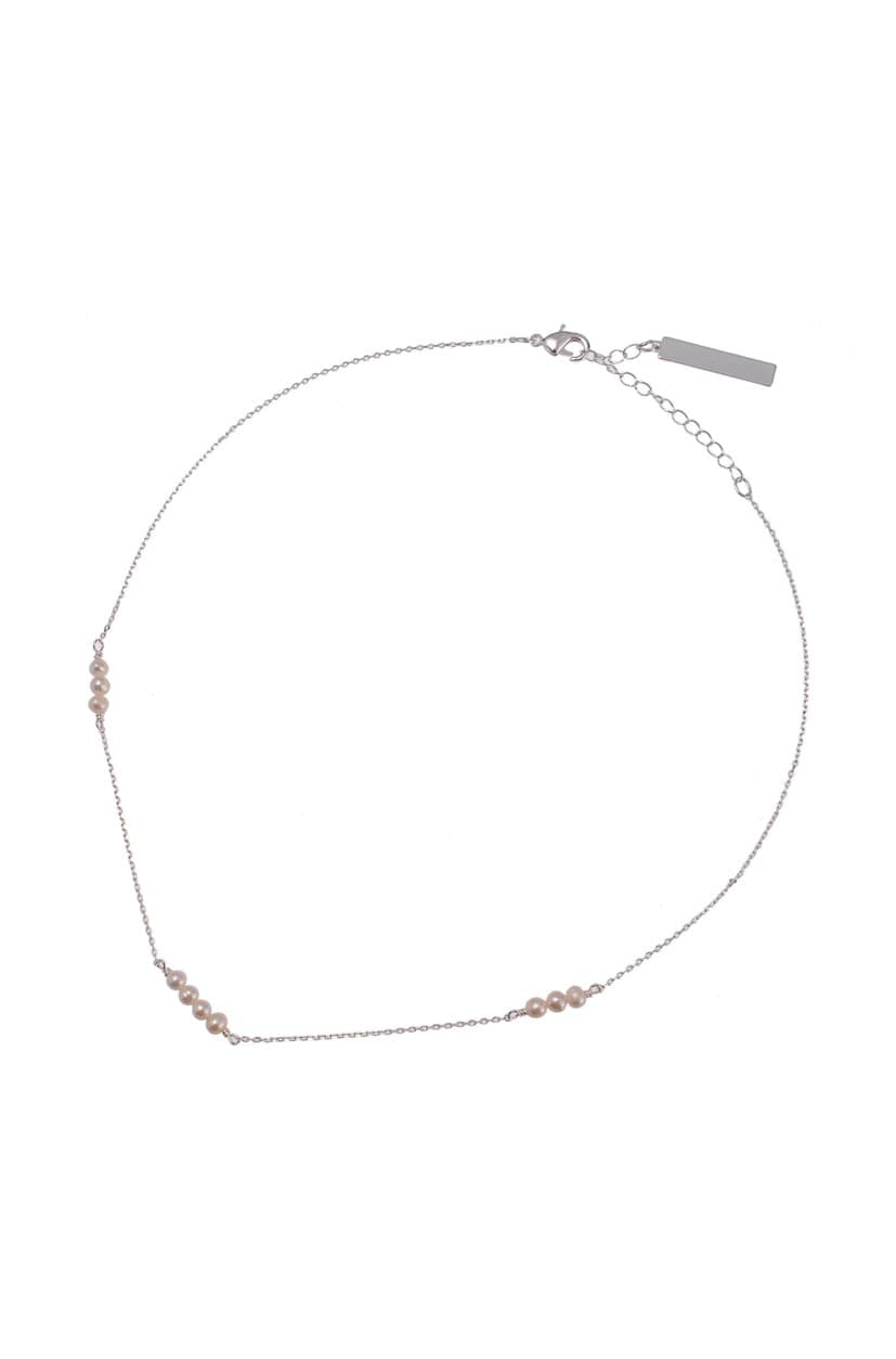 A silver chain necklace with pearls, the Bridal Multi Line Pearl Necklace, is displayed on a white background.