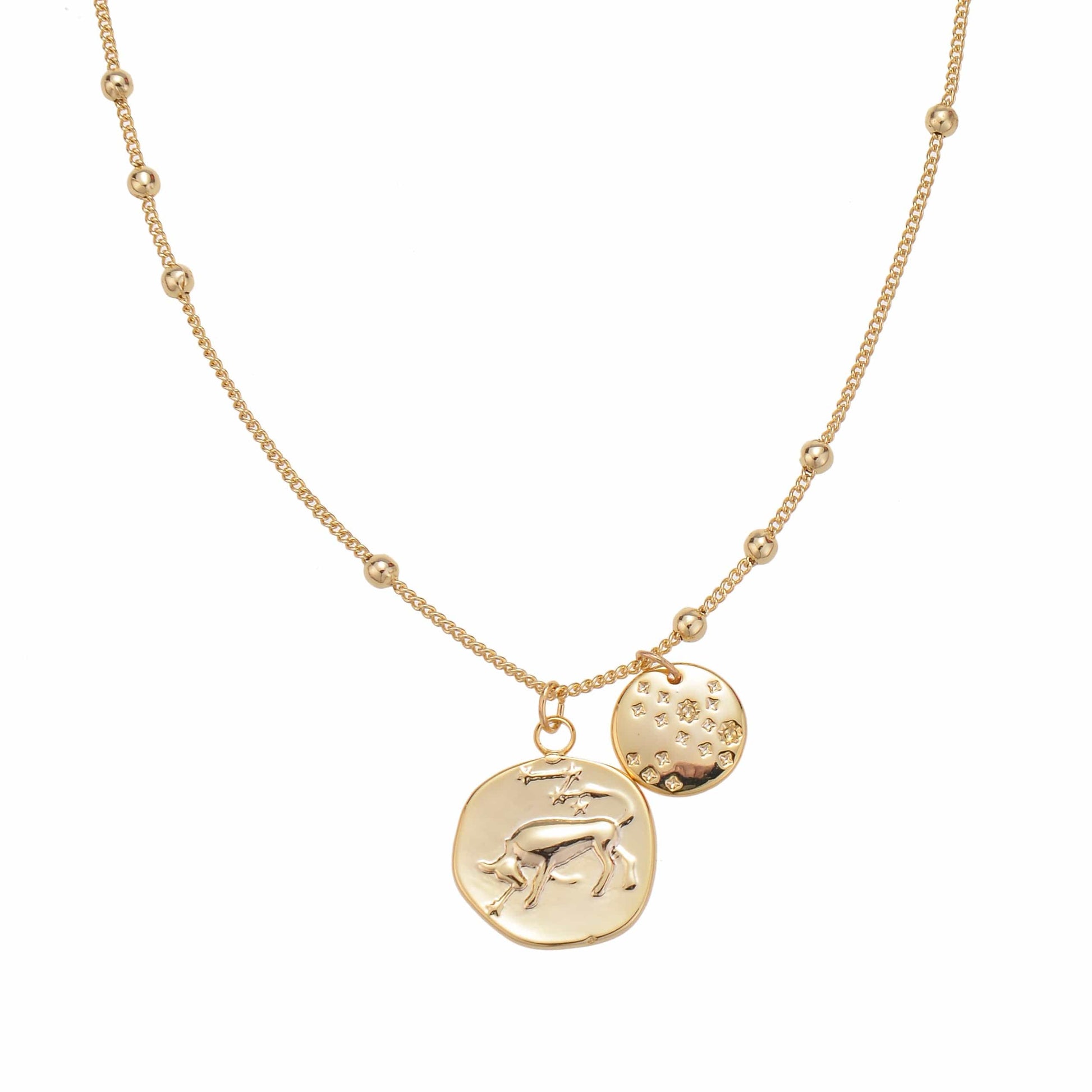 Gold-colored delicate necklace with zodiac pendants on a white background.