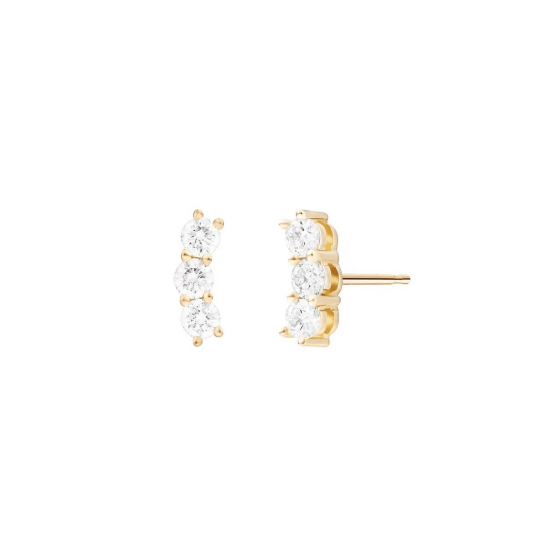 Three clear gemstone crystal stud gold earring