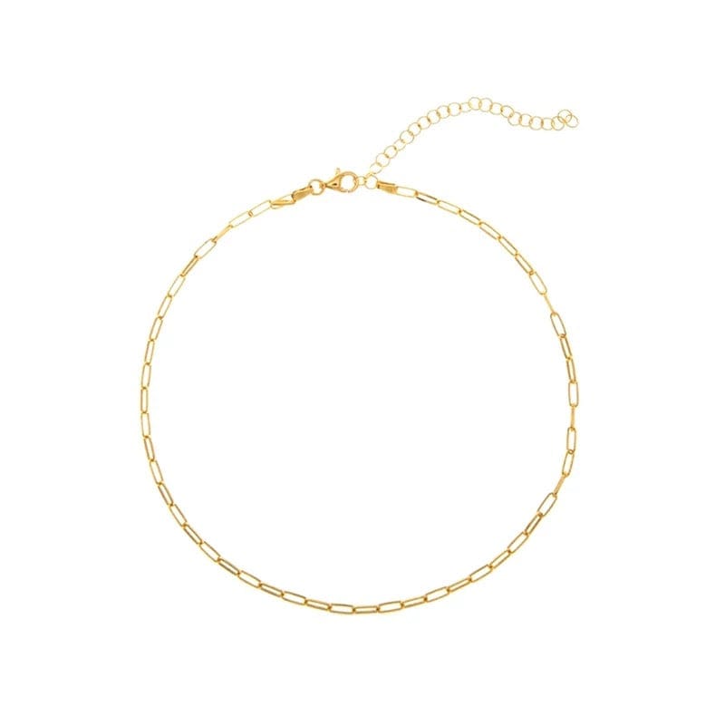 A gold delicate necklace with rectangular links.