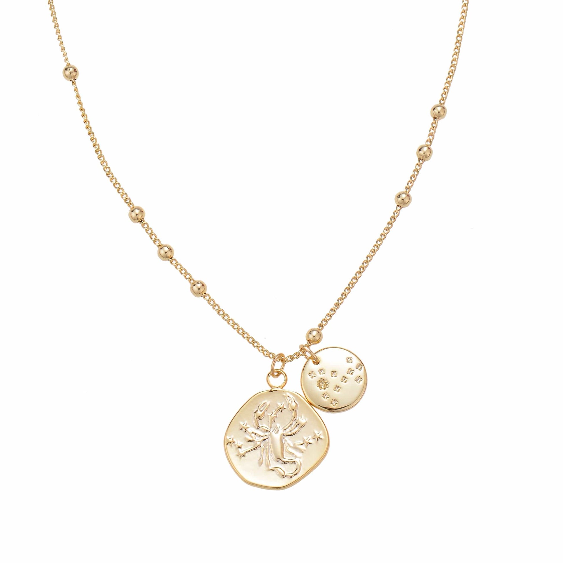 A delicate necklace with gold zodiac-themed pendants.