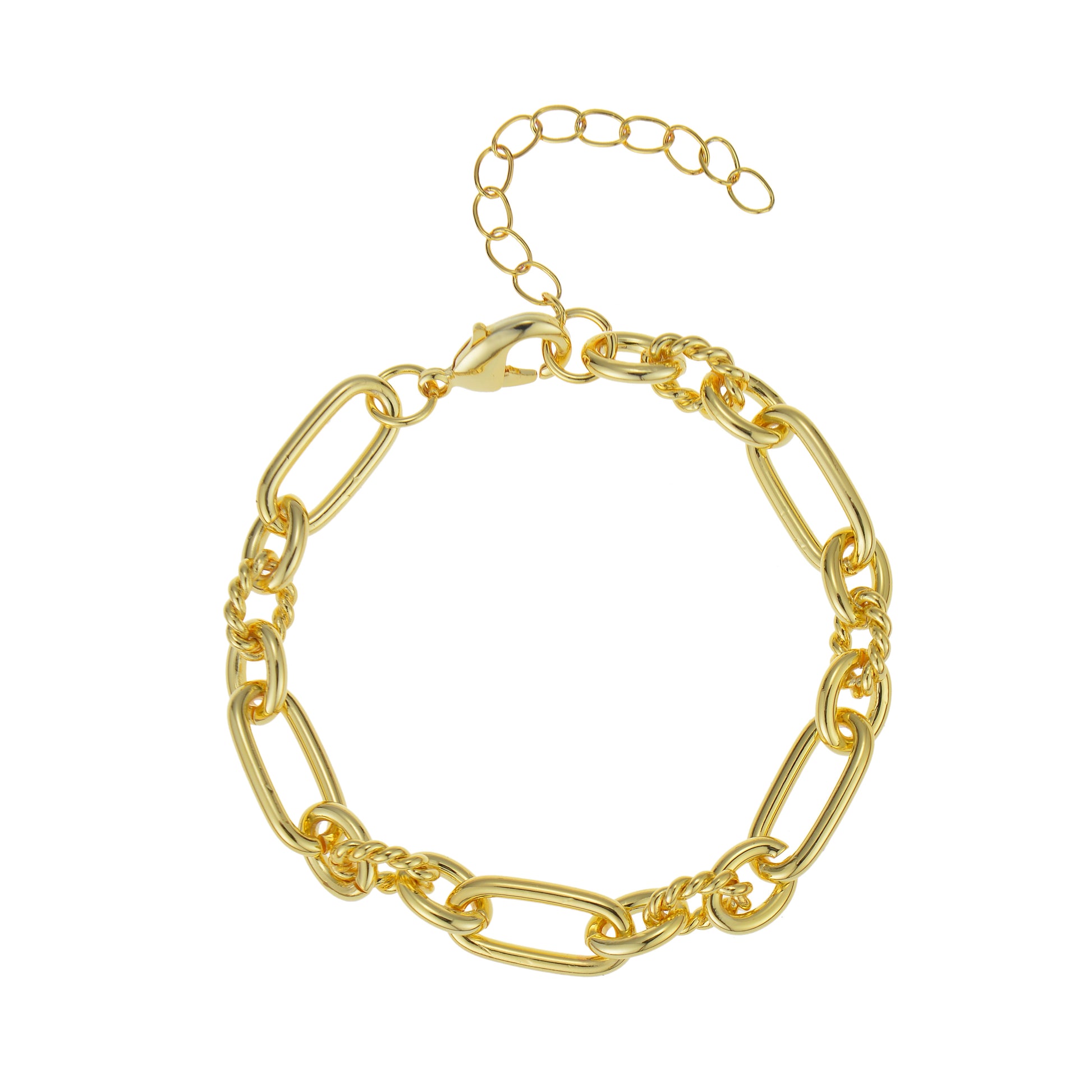 Gold-colored chain bracelet with lobster clasp and extension chain.