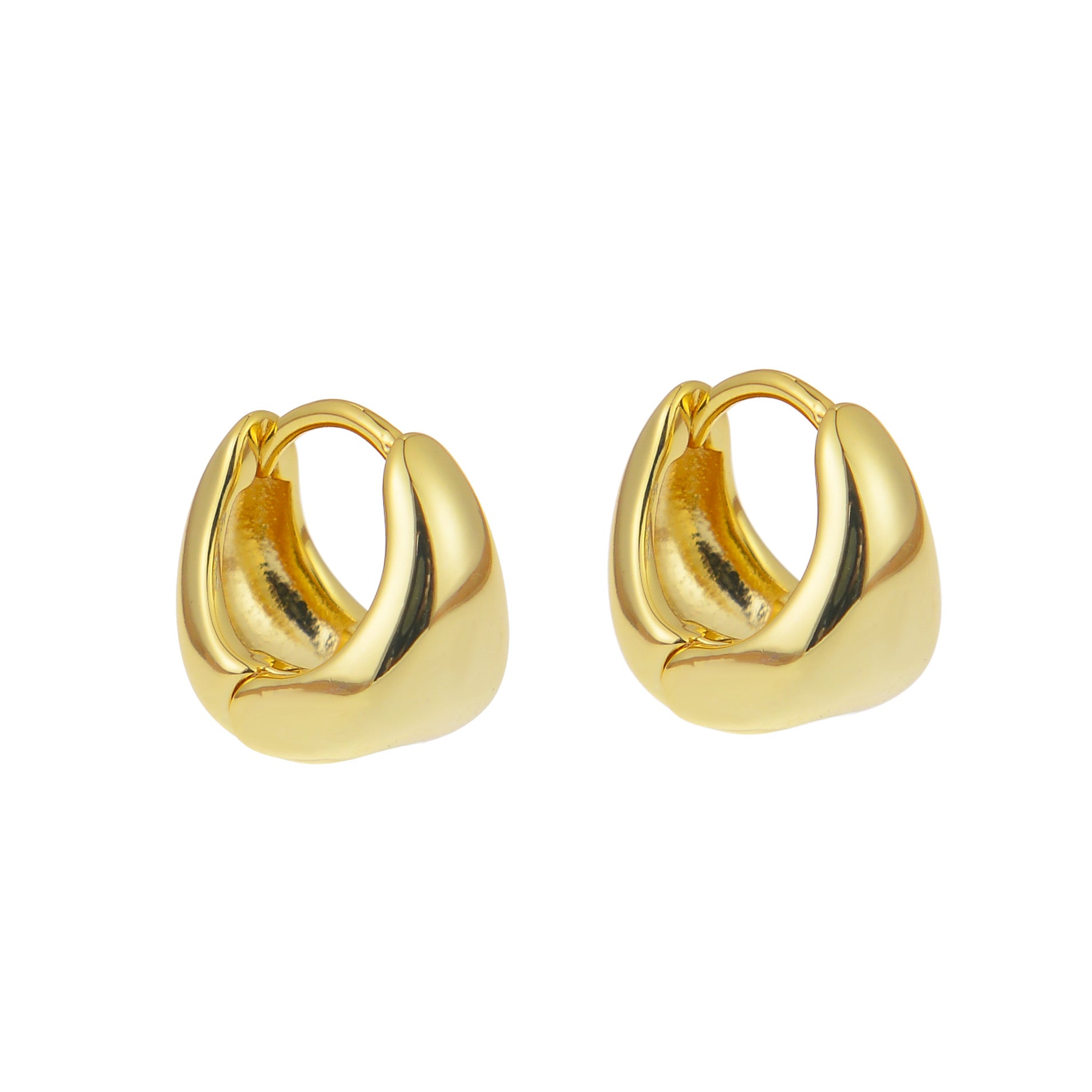 Two chunky gold hoop earrings on a white background.